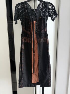 Anthropologie Black Lace Midi Dress with Rust Slip